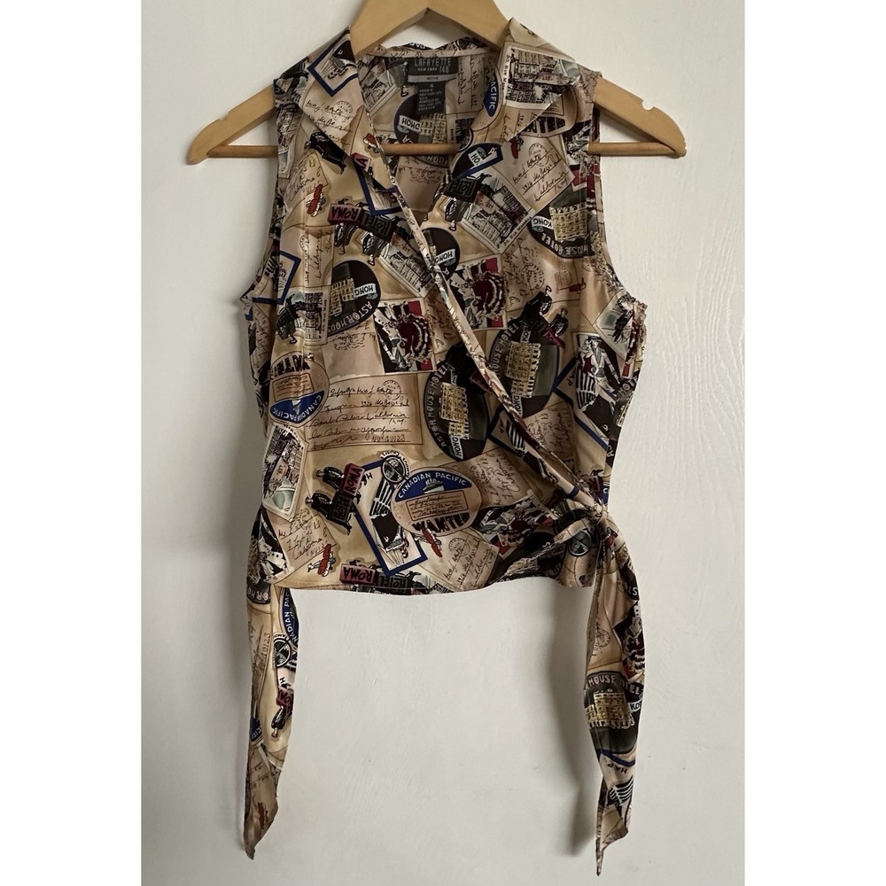 VTG Lafayette 148 NY 100% Silk Wrap Top Petite 4  Postcard Print Sleeveless